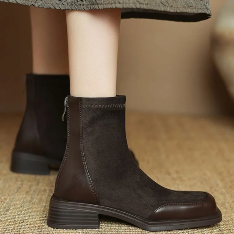 

Супермягкие французские ботильоны на блочном каблуке с квадратным носком, женские осенне-зимние эластичные узкие ботинки в стиле ретро на среднем каблуке в британском стиле