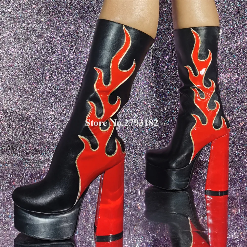 

Newest Flame Shaped Patchwork High Platform Mid-calf Boots Sexy Round Toe Black Chunky Heel Long Boots Big Size 47 Boots