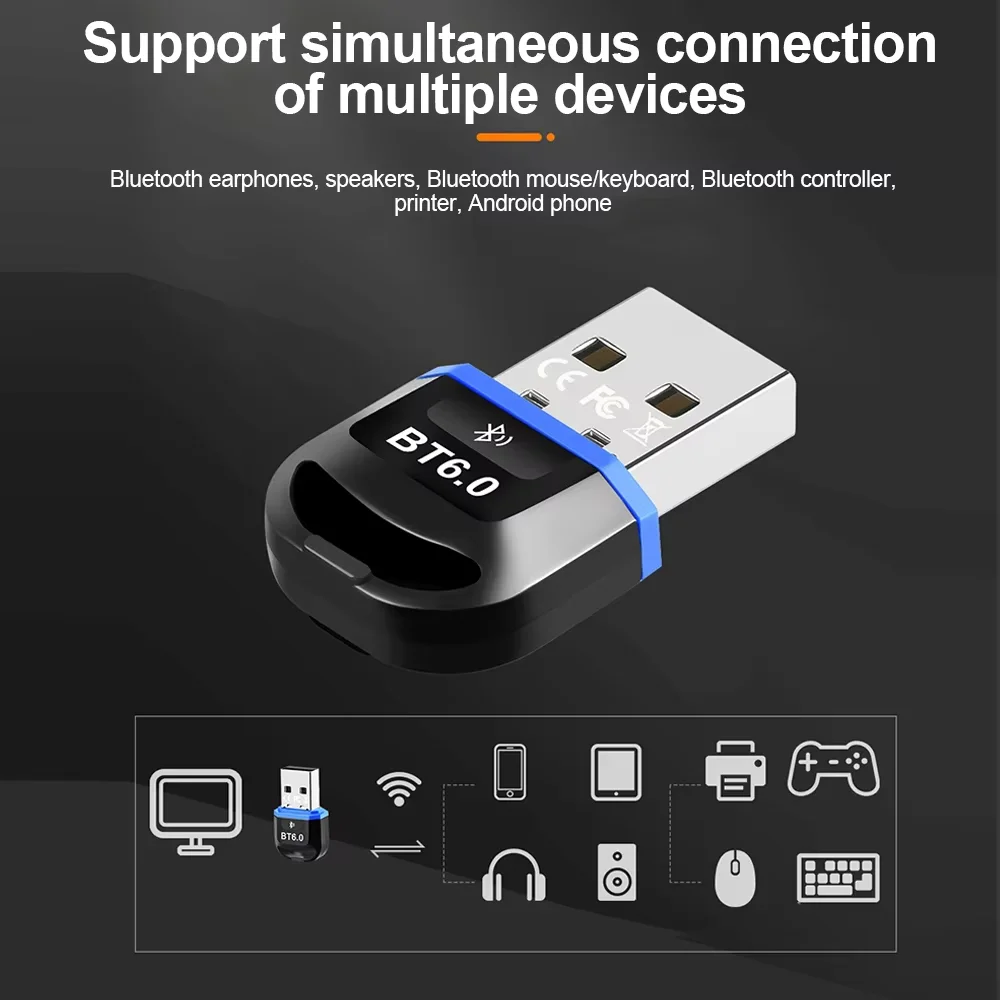 Adattatore USB Bluetooth 6.0 Dongle Bluetooth 5.4 per PC Windows 11/10/8.1 Ricevitore e trasmettitore Bluetooth per tastiera/mouse