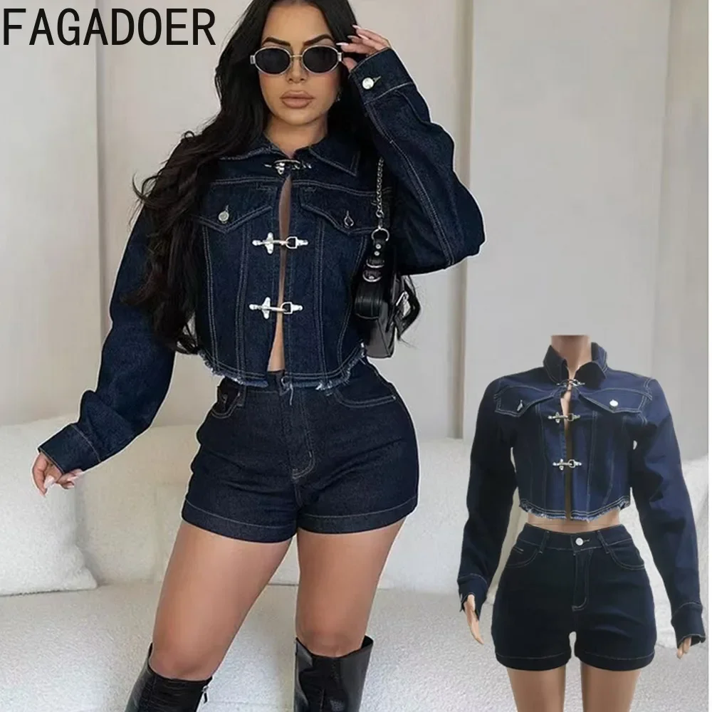 FAGADOER Retro Y2K Autumn Winter Denim 2 Piece Sets Outfit Women Long Sleeve Crop Jacket and Stretchy High Waist Shorts Suits