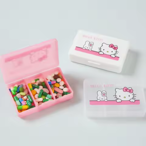Kawaii Hello Kittys Storage Box Anime KT Cat Mini 3-Grid Medicine Case Travel Portable Pill Box Tablet Holder for Kids Wholesale