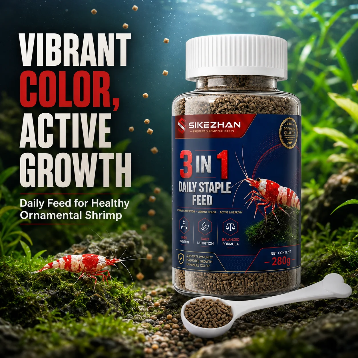 3 in 1 Shrimp Food 280g Daily Staple Feed High Protein Balanced Nutrition Pellets for Freshwater Aquarium Ornamental Shrimp