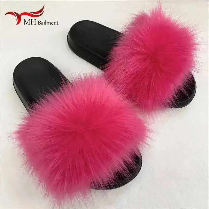 Zapatillas de piel sintética para mujer, chanclas planas mullidas para casa, cómodas y peludas, para invierno