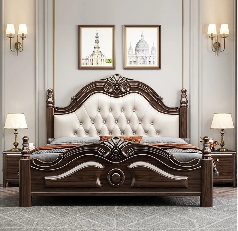 

#$Solid Wood Wedding Princess Bed - European Luxury Antique Style King Size Bed Set,Genuine Leather Carved Bedroom Furniture