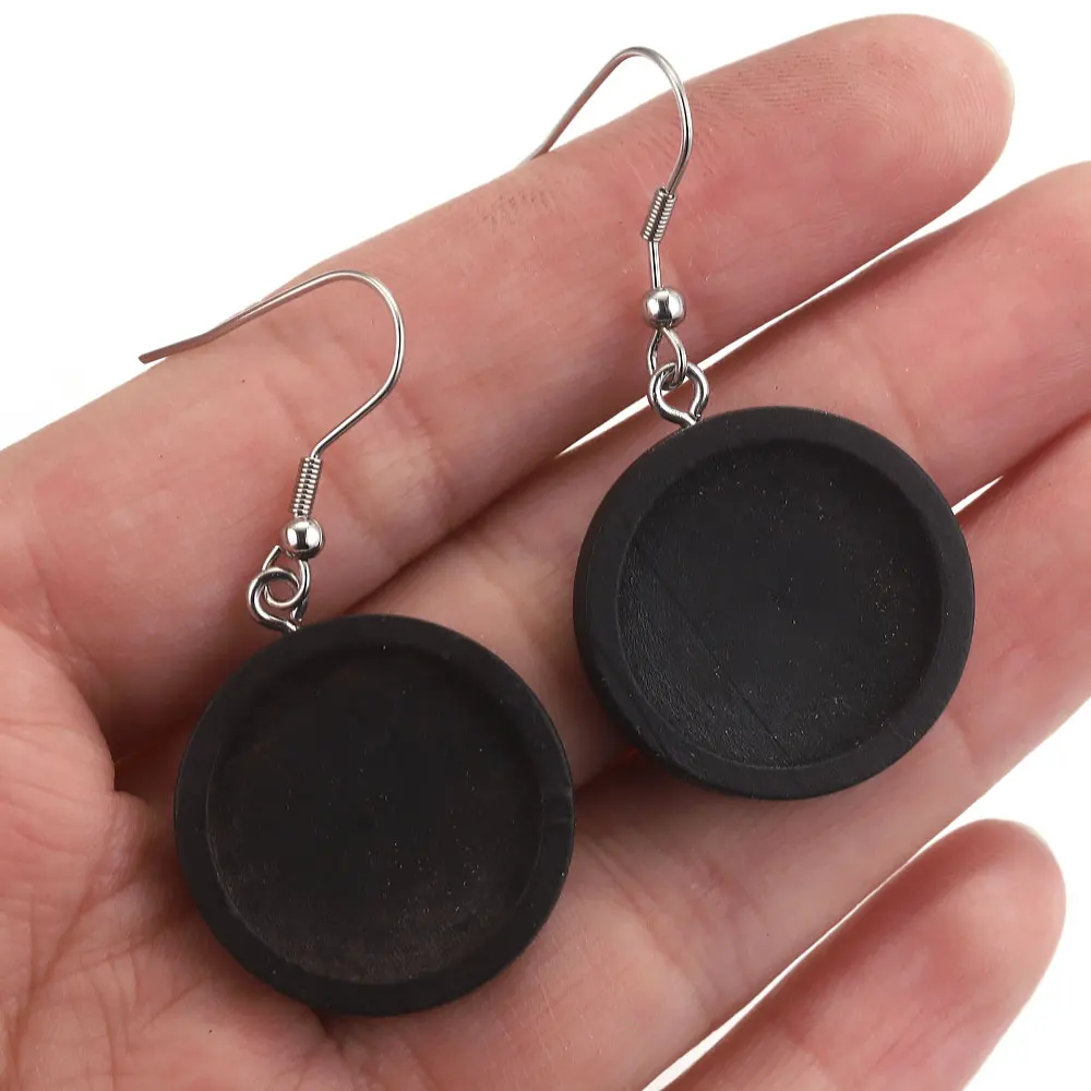 10pcs Wood Tray Bezel Cabochon Earring Hook Blank Setting Round Pendant Ear Base Findings For DIY Glass Cameo Jewelry Making