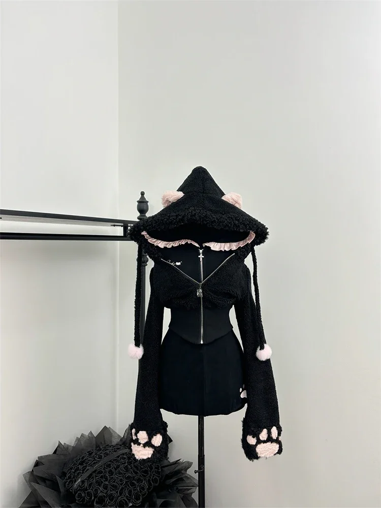 

Зимняя женская укороченная куртка из овечьей шерсти Dark Academia Kawaii Girl Верхняя одежда Толстое теплое корейское модное пальто Дизайнерское милое корейское пальто