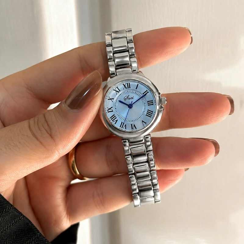 Top Brand Luxury Women Watch Fashion Roman Numeral Dial Blue Hands Stainless Steel Quartz Wristwatch Simple Elegant Ladies Watch