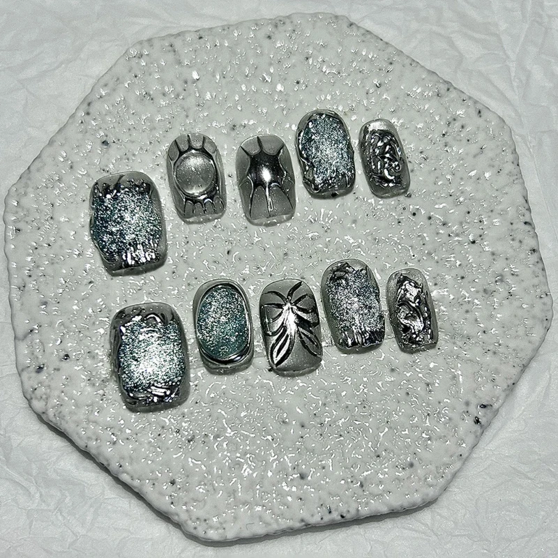10 Pieces Irregular Metal Shape Handmade Press On Nails Butterfly Short Cat Eye Fake Nails Removable Reusable