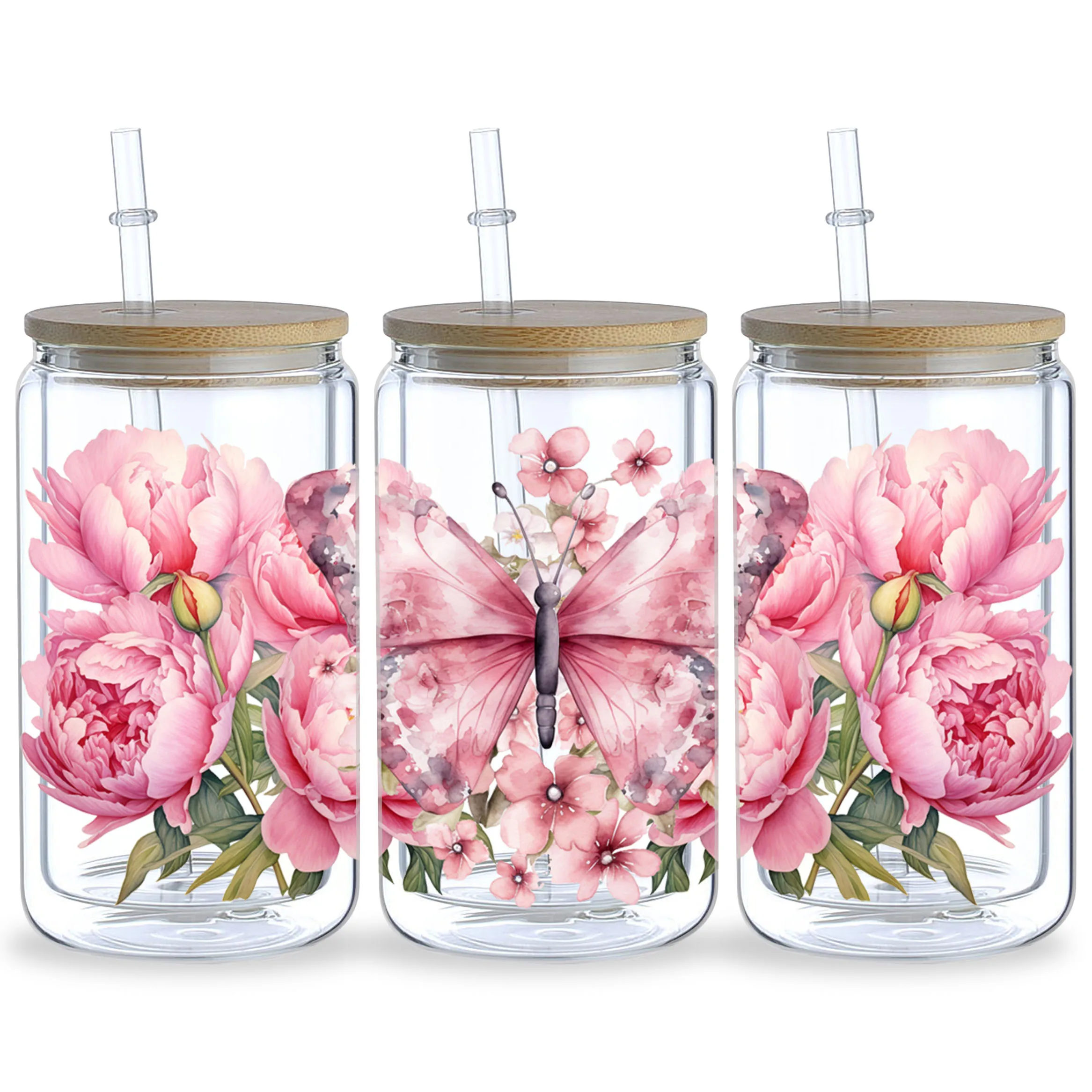 ملصقات dtf باللون الوردي على شكل فراشة وزهور ، 5 أوراق ، حركة الزجاج ، ورق نقل متعلق بالمياه