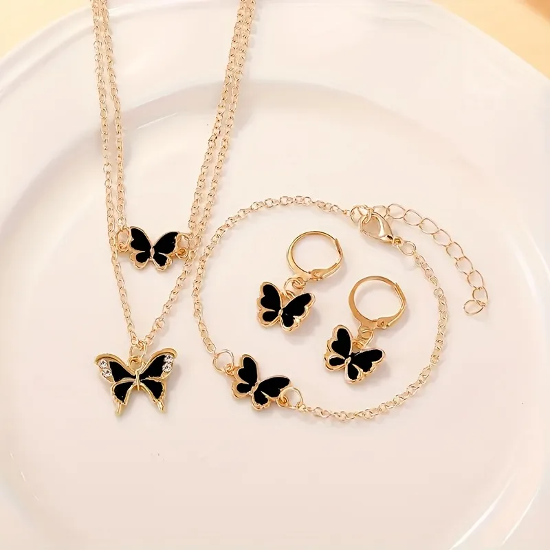 4-piece/set Personalized Black Color Butterfly Pendant Necklace, Bracelet Earrings, Women's Fashion Holiday Accessories Gift