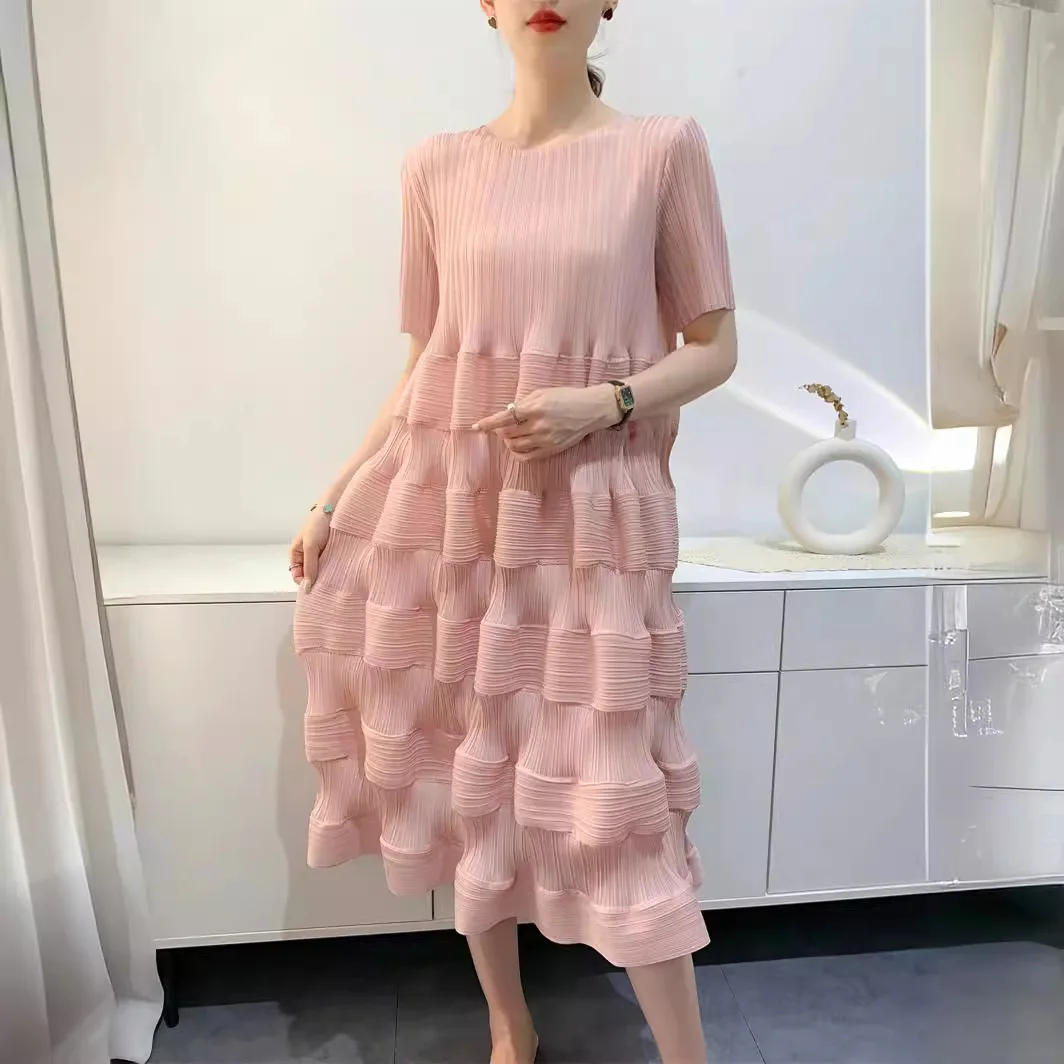 Miyake Pleated Dress Women's 2024 Spring New Fashion Design Solid Color Loose Large Size High Waist Splicing Cake Skirt