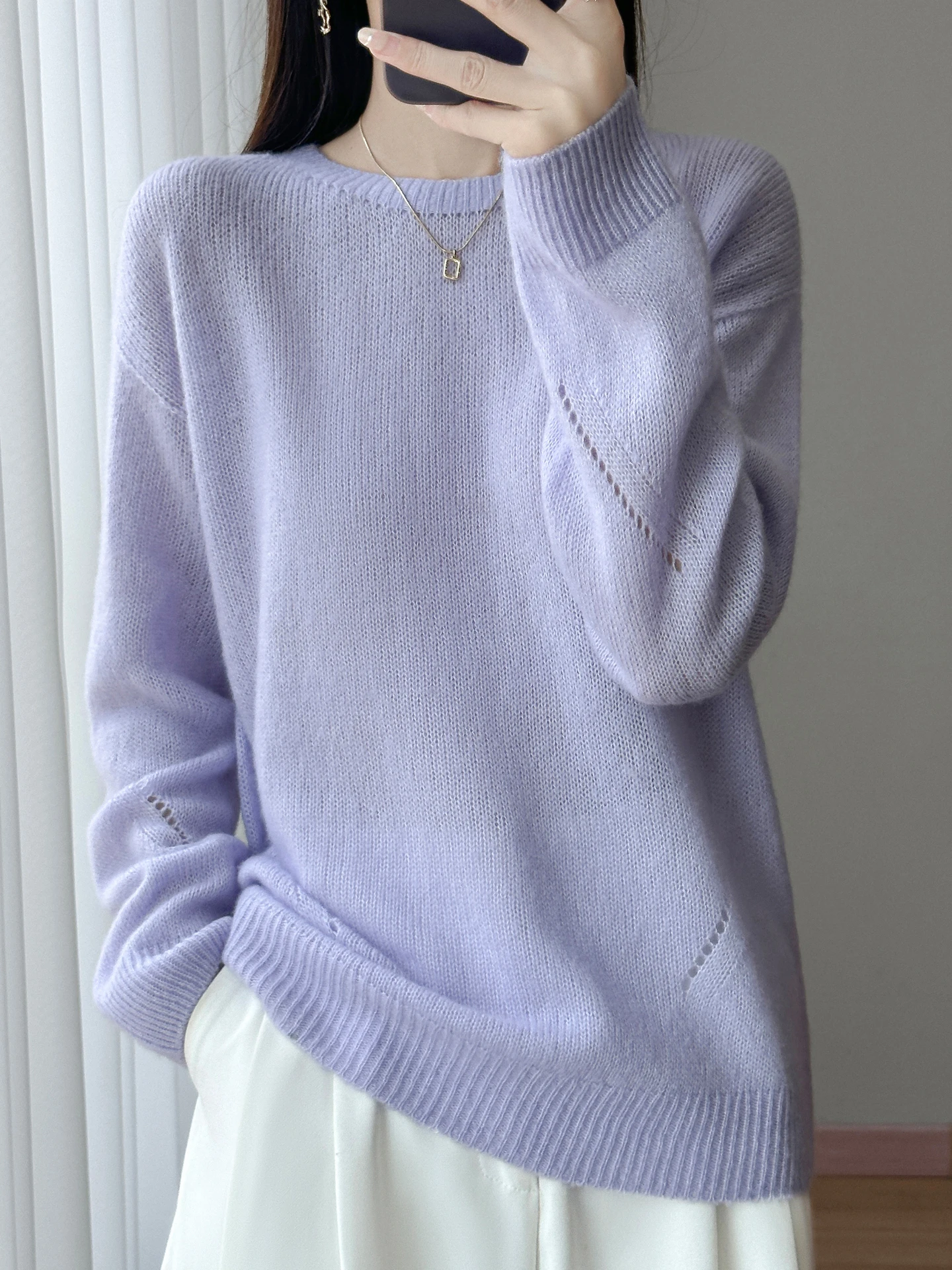 

TLOML Women O-neck Small Hollow Pullover 100% Merino Wool Sweater Autumn Winter Warm Soft Simple Style Wool Knitwear Casual Tops