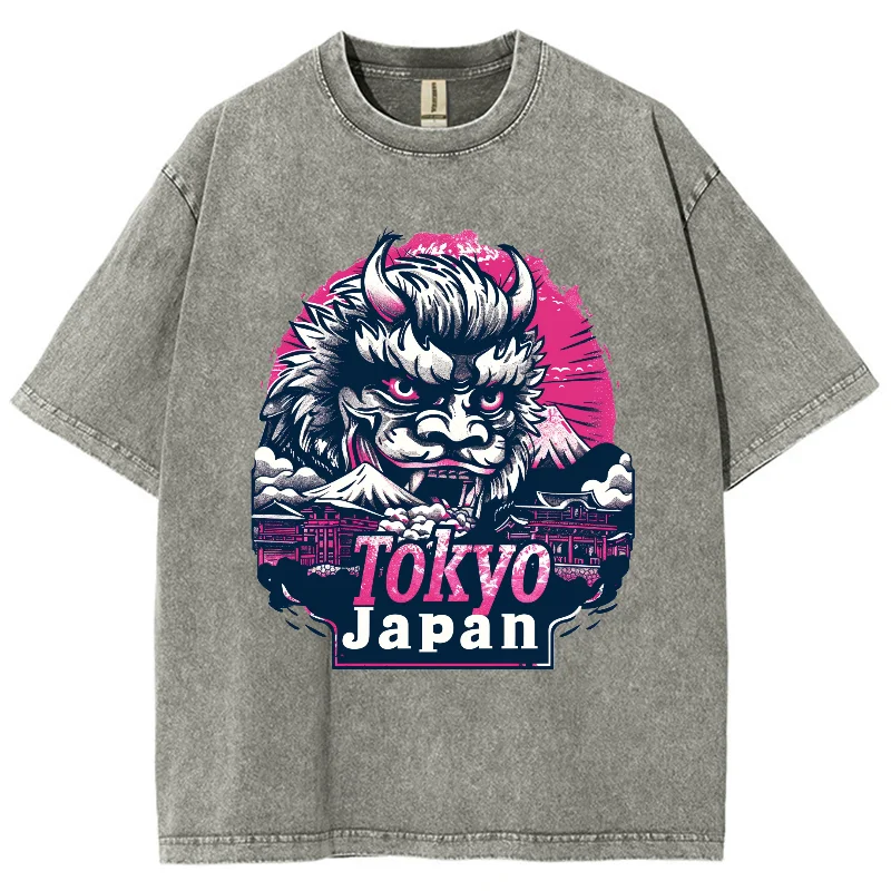 Camiseta lavada solta feminina, estampa japonesa de leão, extragrande, algodão, confortável, manga curta, retrô, chinesa, angustiada, top de hip-hop