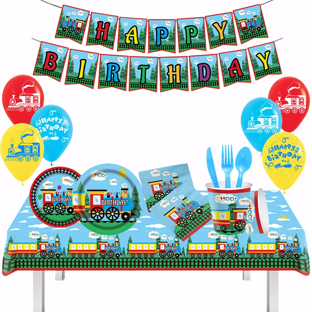 Train Party Tableware Tablecloth Paper Plates Cups Napkins Railroad First Two Birthday Trans portation Tracks Traffic Decoration