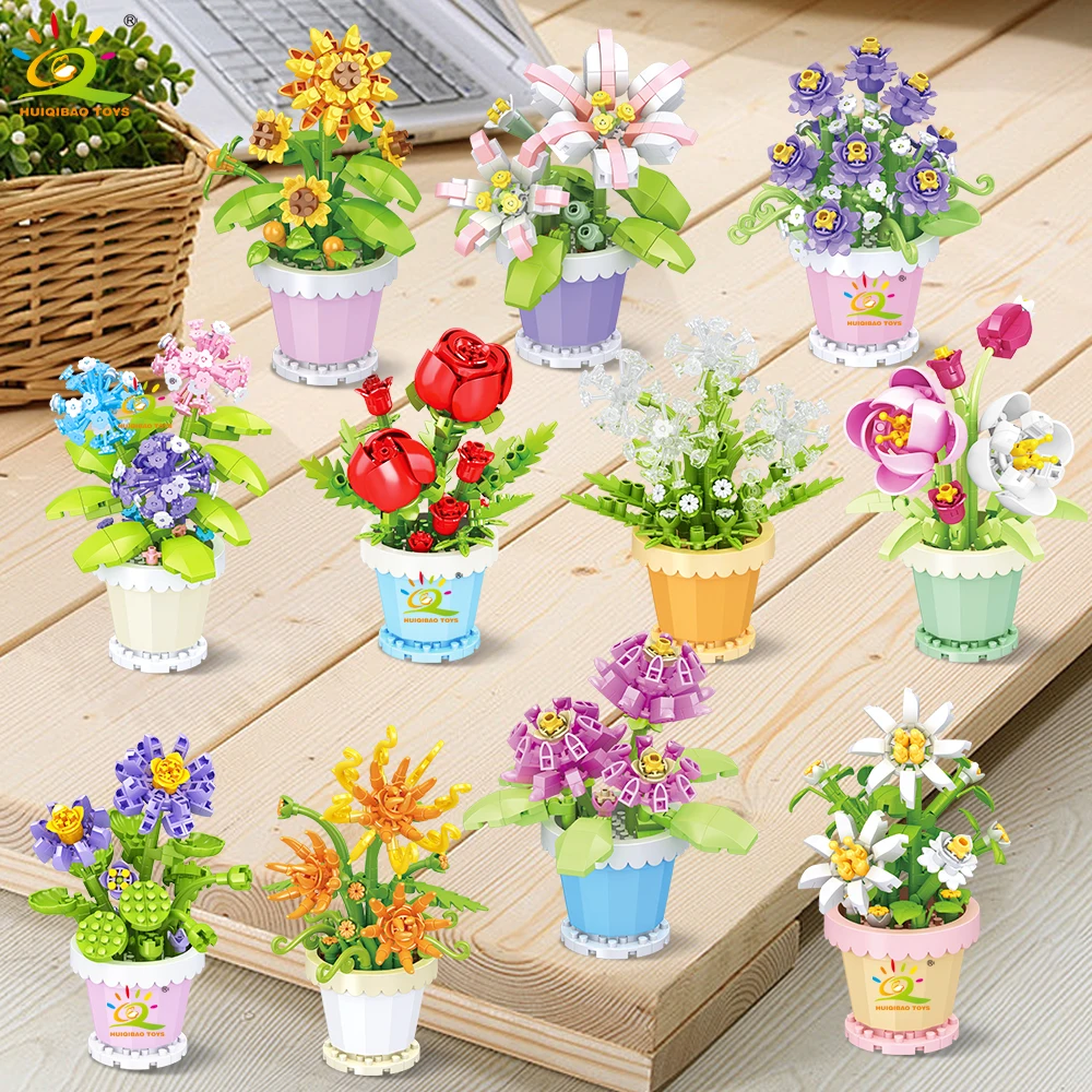 HUIQIBAO MOC Eternal Flower with Pot Micro Building Block DIY Sunflower Rose Bouquet Mini Model Brick Toy home Desk Decoration