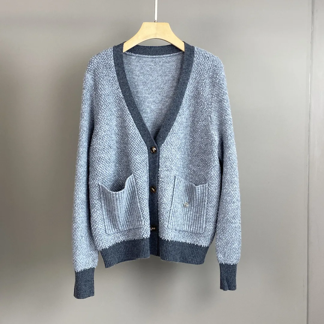 Damski Jesienno-Zimowy Nowy Kaszmirowy Kardigan w Blokach Kolorów, Luźny Sweter-Płaszcz z Dekoltem w Serek i Kieszeniami