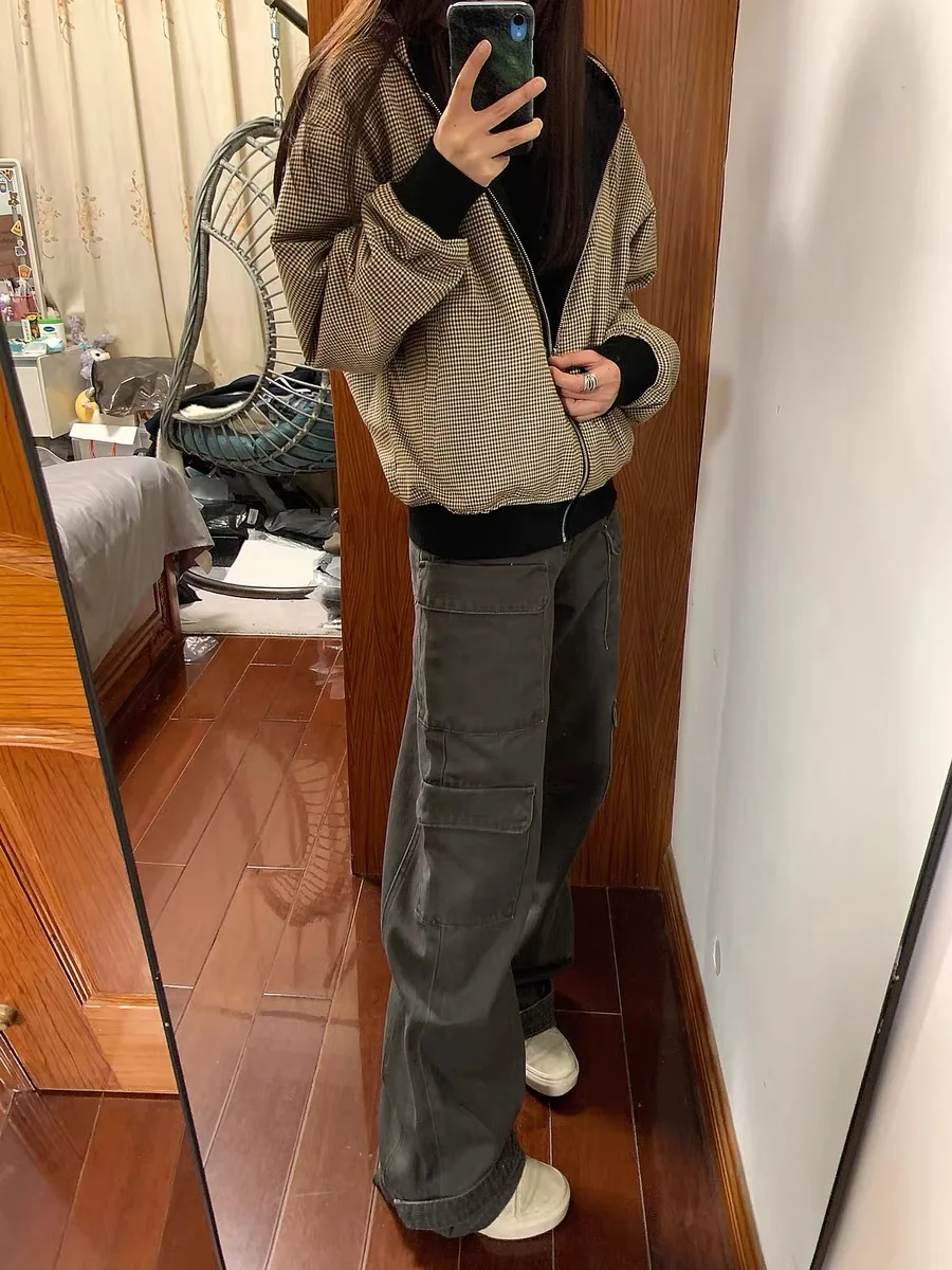 

Американский ретро-кардиган унисекс с двусторонним клетчатым узором, свободного кроя, для пар, молодежный, модный