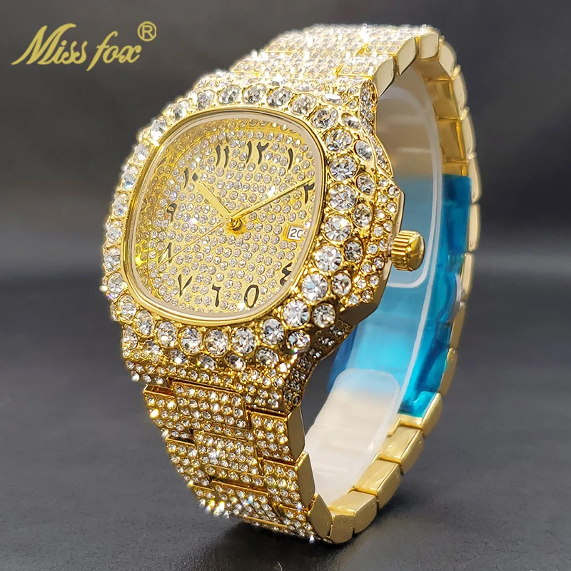 

Square Gold Men's Watch Iced Out Diamond Arabic Number Dial Quartz Watches For Male Hip Hop Classic Calendar Wristwatches New