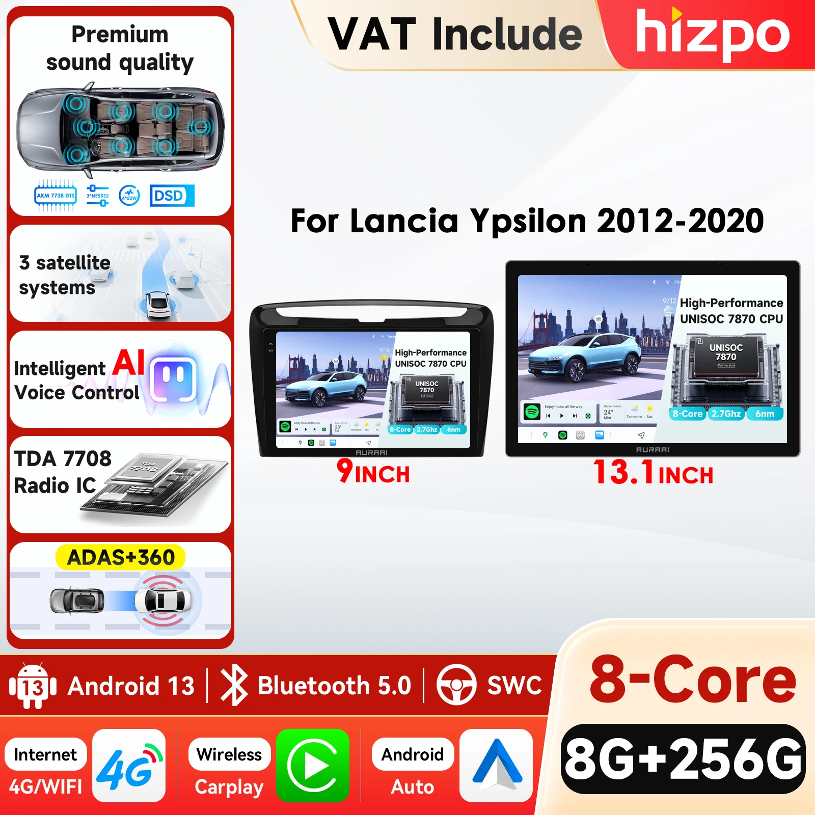 Sistema Inteligente para Automóvil Hizpo 8G+256G para Lancia Ypsilon 2012-2020, CarPlay, Android Auto, Radio, GPS, RDS, 4G LTE, Multimedia, Estéreo