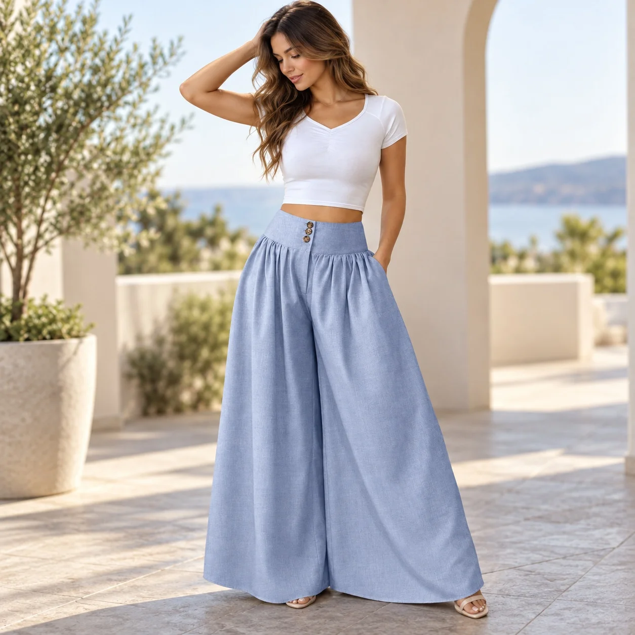 High Waist Casual Pants Relaxed Silhouette Japanese Korean Casual with Loose Fit Button Closure Full Length Seams Women Pants