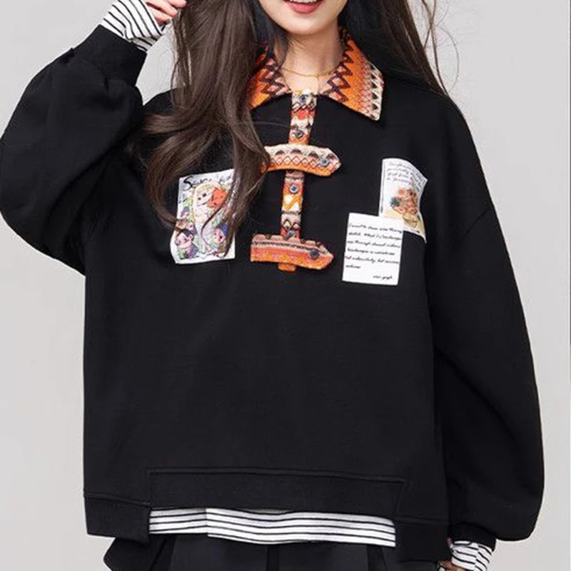 

Корейская свободная повседневная толстовка в стиле пэчворк для женщин, с длинным рукавом, черная, с бантом, в стиле Харадзюку Y2K, в стиле преппи, модная, в стиле лейзи-хипхоп, куртка