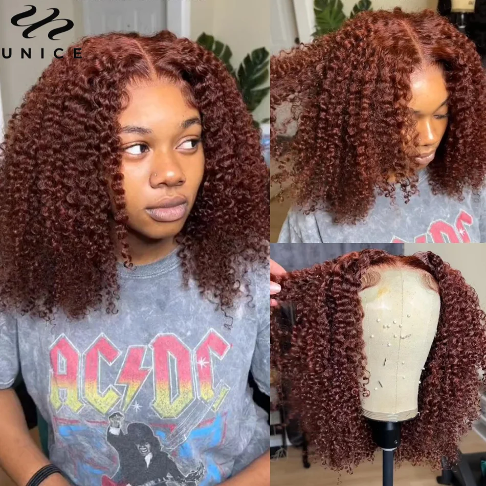 UNICE Hair 200% Density Reddish Brown Kinky Curly Lace Wig Pre Cut 6x4.75 Lace Closure Wig Glueless Wig Human Hair Ready To Wear