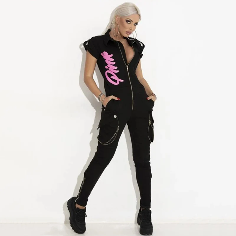 Gymdolphins Black Letter Printed Sleeveless Zippered Jumpsuit for Women 2023 New Fashion High Street Sports Casual Jump Suit