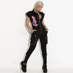 Gymdolfijnen Zwarte Brief Bedrukt Mouwloze Jumpsuit Met Ritssluiting Voor Dames 2023 Nieuwe Mode High Street Sport Casual Jumpsuit