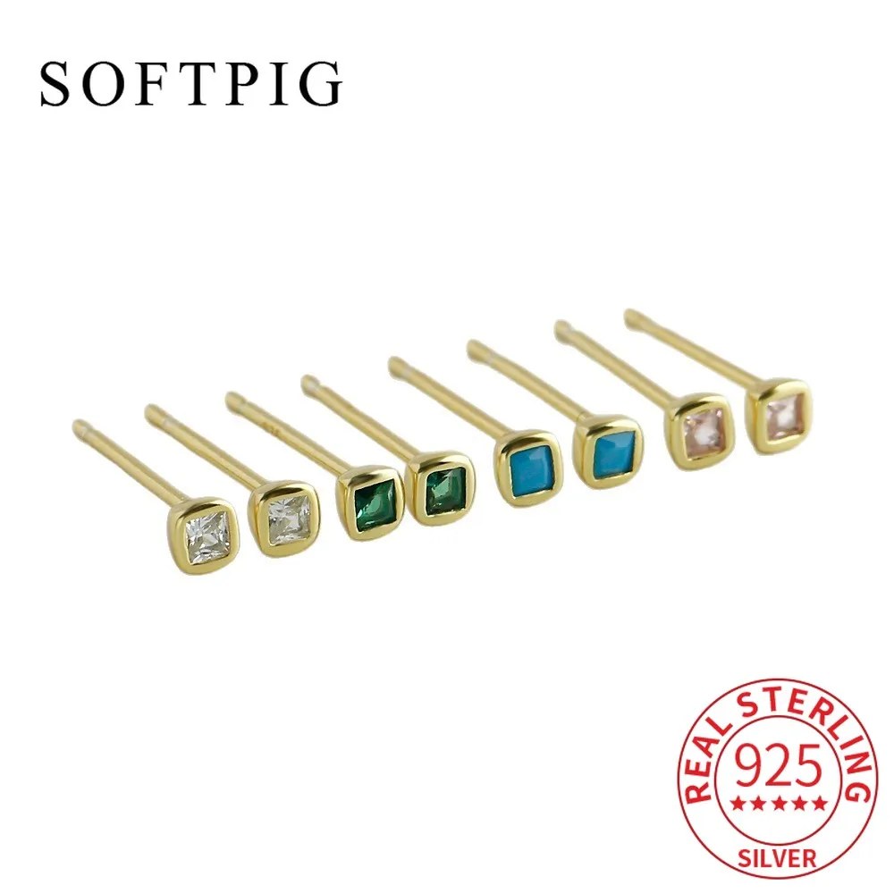 

SOFTPIG Real 925 Sterling Silver Square Zircon Mini Stud Earrings For Women Classic Fine Jewelry Light luxury Accessories