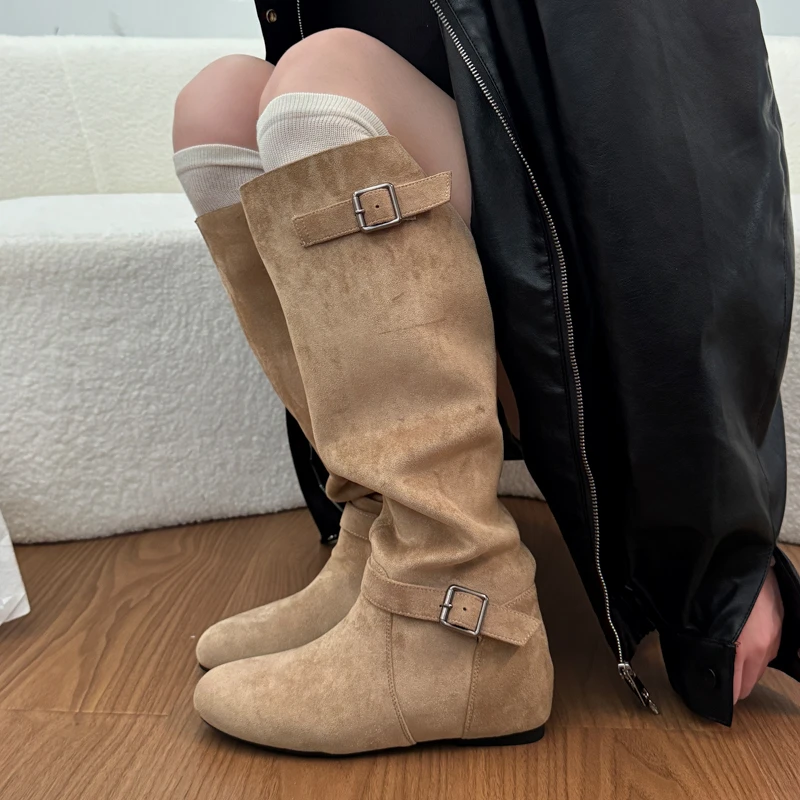 Winter Vintage Belt Buckle Women Knee High Boots Fashion Round Toe Internal Elevation Ladies Shoes Modern Long Botas