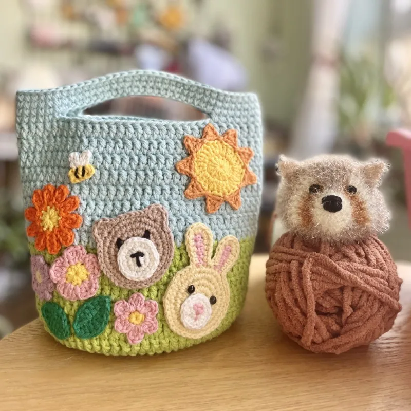 Cute Bear Rabbit Women Handbag Yarn Crochet Childhood Flower Handmade Lady Bucket Shopping Bag