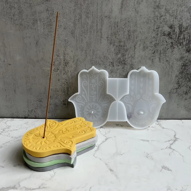 2-Chamber Famati Palm Silicone Mold Hamasa Hand Cement Aromatherapy Bracket Tray DIY Concrete Coaster Handicraft Mold