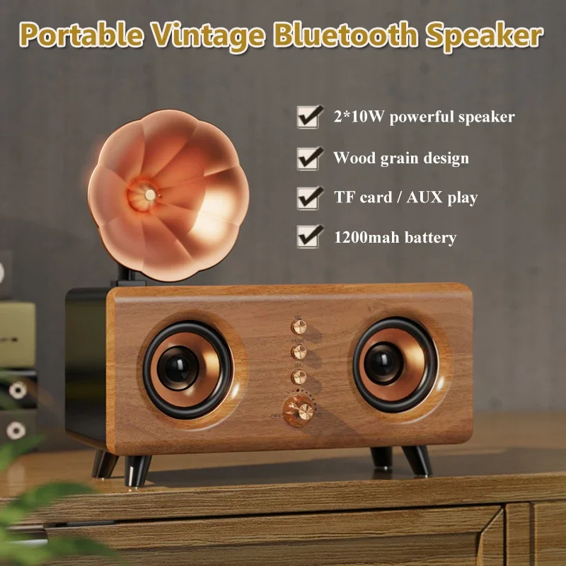 Portable Retro Bluetooth Speaker Vintage Wood Grain Heavy Bass Bluetooth Soundbar Wireless MP3 Music Player Support TF Card AUX