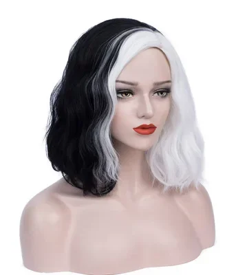 Perruque Cruella Deville noire et blanche pour femmes, Costume Cruella Deville, cheveux courts bouclés et ondulés, perruques douces et mignonnes pour fête costumée