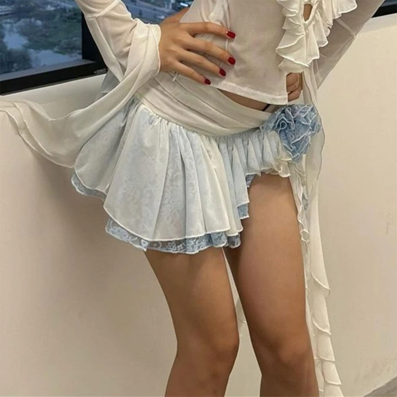 

Aesthetic 3D Florals Decors Contrast Color Ultra Short Skirt Ruched Asymmetrical Layered Ruffle Lace Skirts for Women