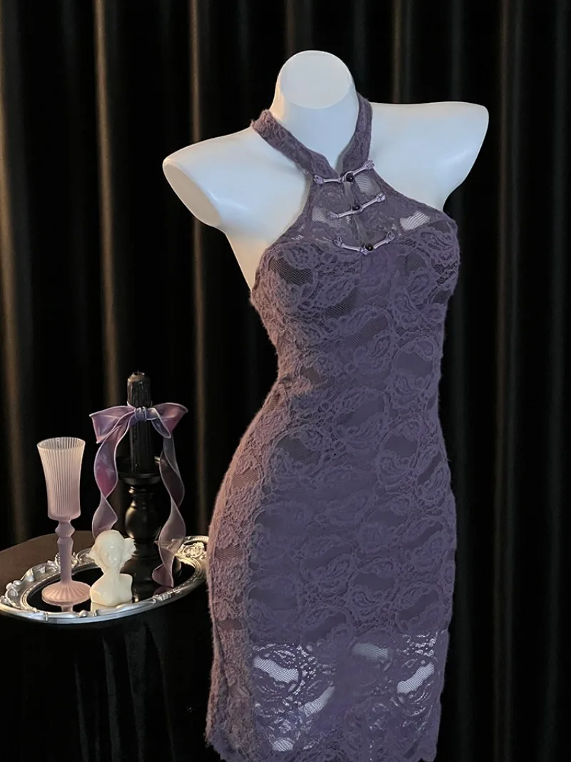 Chinese-style Seductive Allure Cheongsam DressWomen,Elegant Slimming Design,Romantic Purple Satin Lingerie,Vintage-inspired Sexy