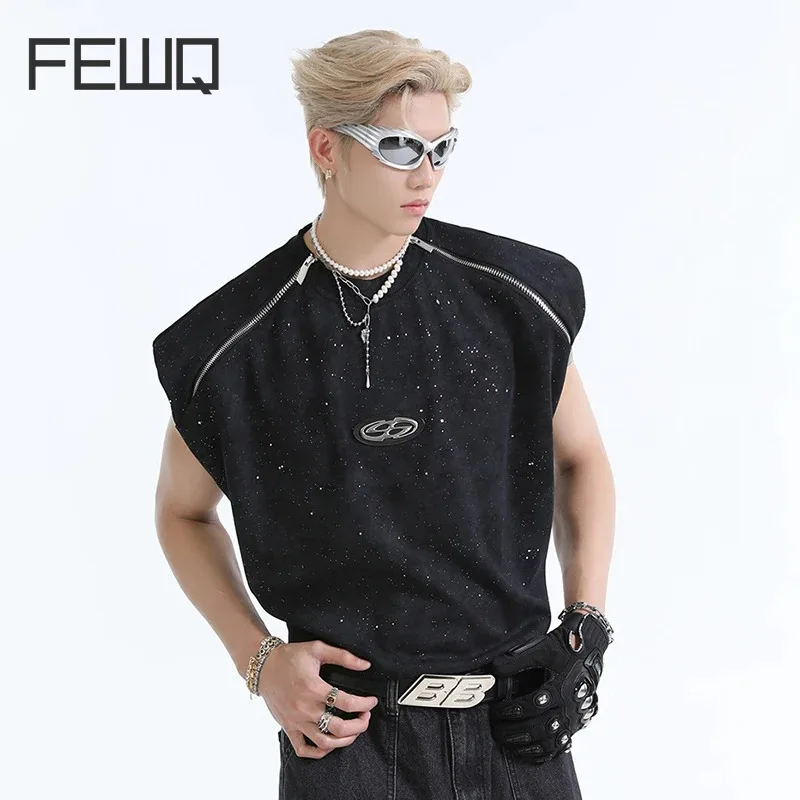 

FEWQ Niche Zipper Sequin Design Vest Metal Decoration Sleeveless Top 2024 Should Pad 2024 High Street Male Tops 24E1687