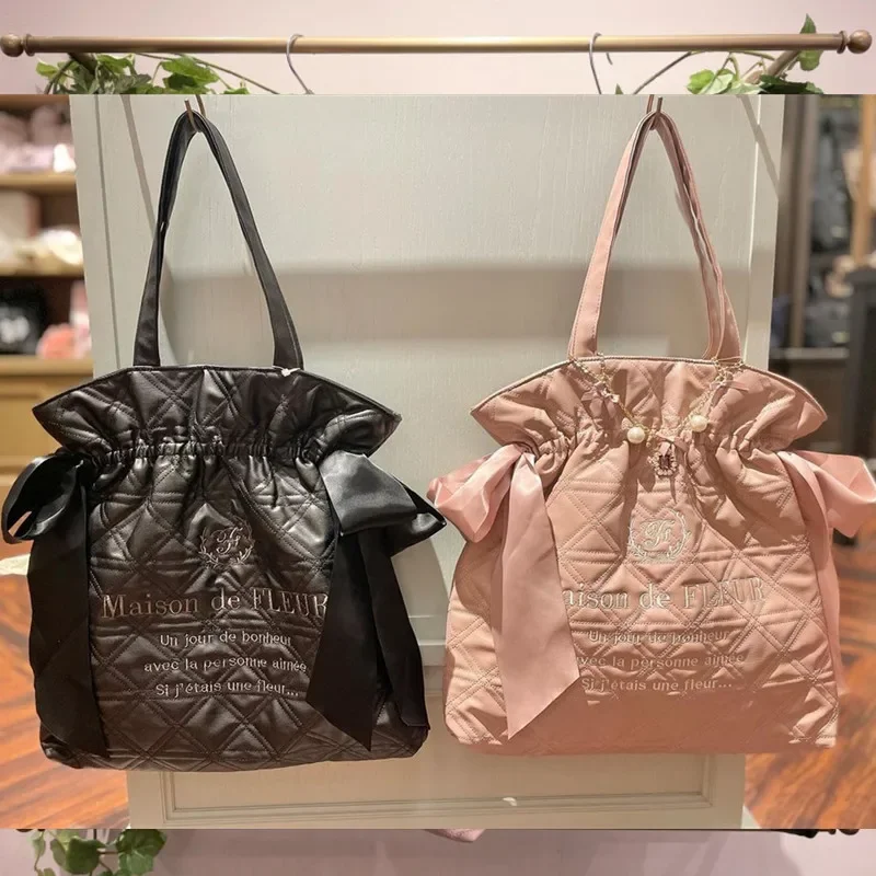 Japanese Style New Rhombus PU Leather Shoulder Bag Crossbody Bags Women's Large Capacity Lace-up Satin Bow Round Cake Tote Bag