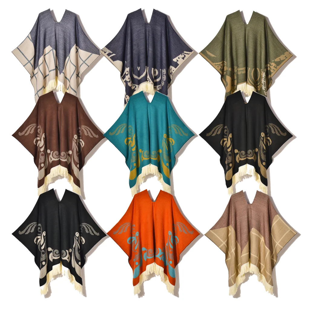 Poncho de voyage à la mode, Style ethnique, glands, Cape à capuche, châle Jacquard chaud d'hiver, décoration extérieure, grande couverture