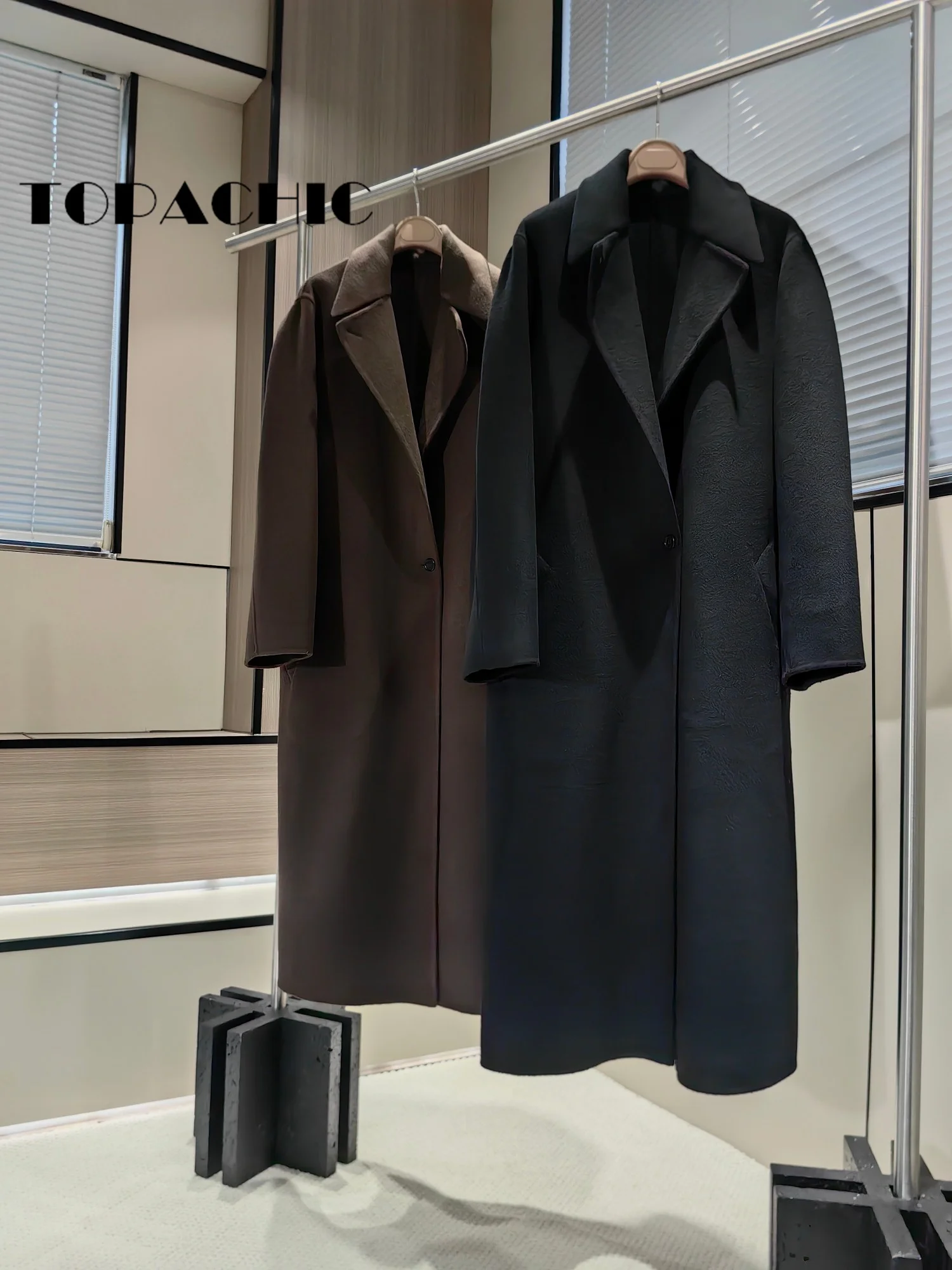 10.31 TOPACHIC-Women Solid Keep Warm Lapel Double-Sided Wool Long Coat Single Button Back Split Design Loose Outerwear