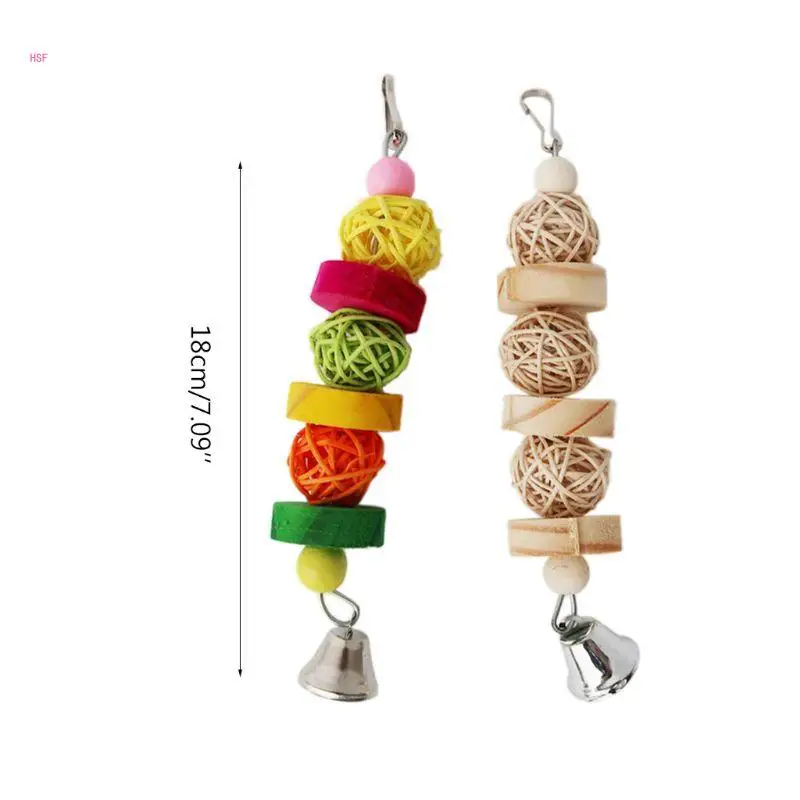 Parrot Chewing Toy Rattan Balls Wooden Blocks with Hanging Rope Colorful Entertainment for Parakeet Conure