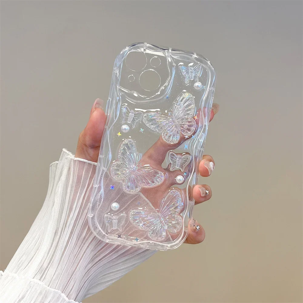 3D Butterfly Crystal Bling Glitter Clear Case For iPhone 15 14 Plus 13 12 11 Pro Max X XR XS Max Shining Star Pearl Wave Cover