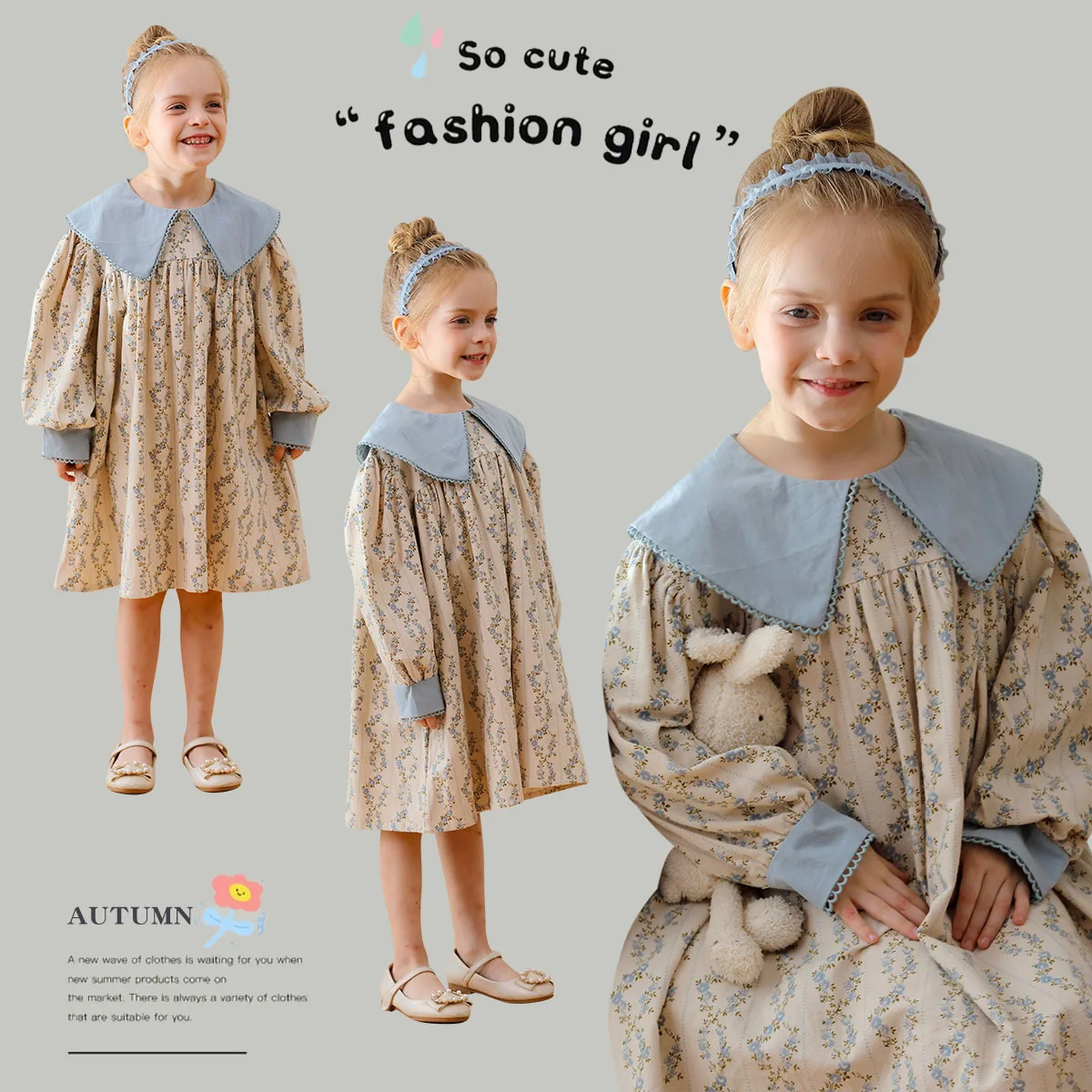 French Style Flower Contrast Collar Elegant Girl Dress with Cotton Long Sleeve and Lace Hem Spring Autumn Princess Dress