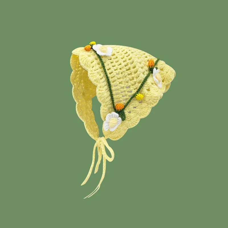 Französischer pastoraler Stil, gestricktes, florales Dreieck-Kopftuch für Mädchen, personalisiertes Kopftuch für Fotoshootings mit Bindeband, 3D-Blumen-Haarband – Detail 22
