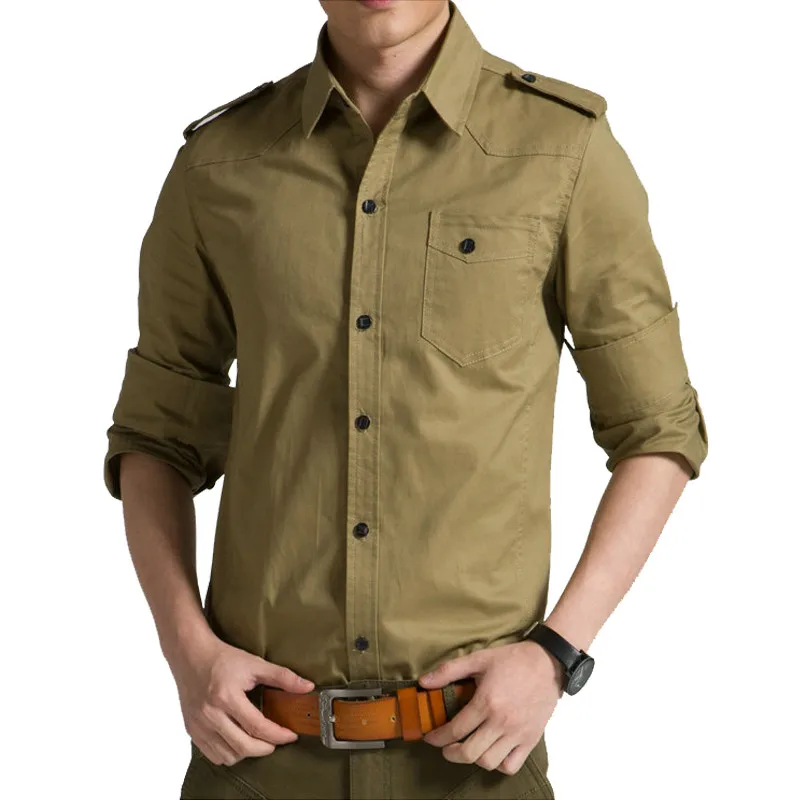 Drop Shipping men military  long sleeve slim fit camisa masculina khaki army green cotton shirt AXP218