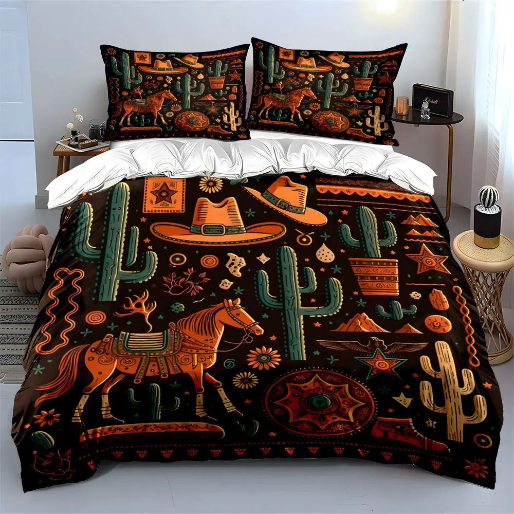 Western-themed decorative pattern. Print Bedding Set 1 Duvet Cover 2 Pillowcases for Adult and Children Luxury Gift Full Size