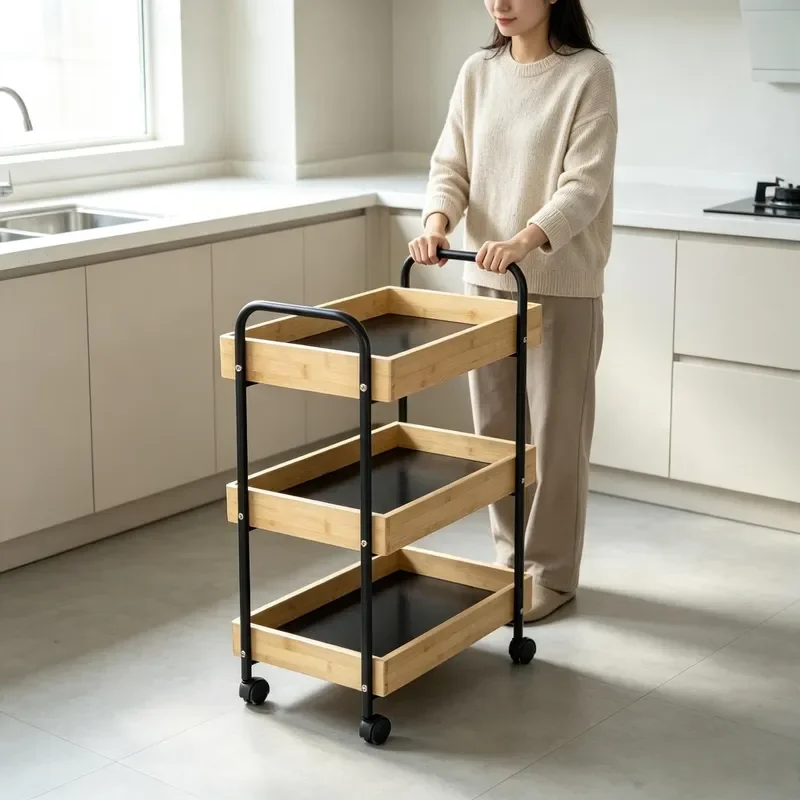 Three Layer Bamboo Metal Cart Kitchen Utility Storage Cart Wheeled Mobile Service Cart Suitable For Family Bathroom Living