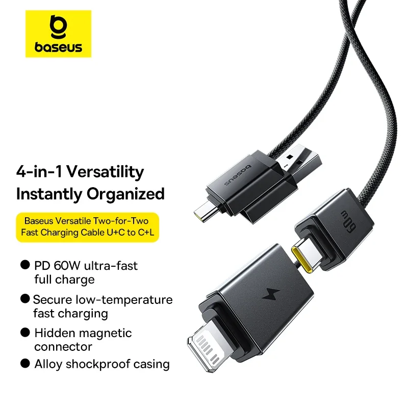 Baseus 4 in 1 USB Cable For iPhone 15 16 Promax 60W Fast Charging Cable For ipad Pro Laptops Type C Cable for Xiaomi Samsung