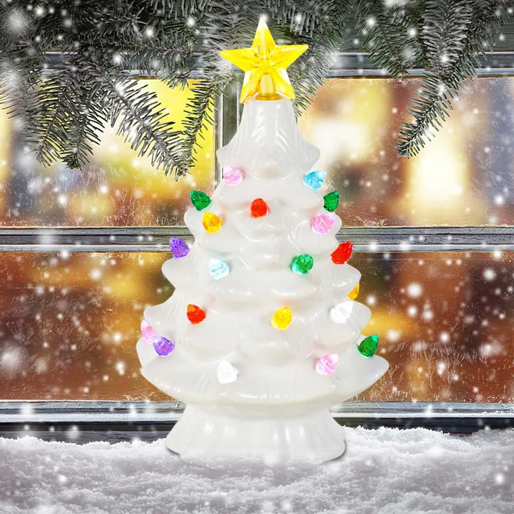 7 Inch Ceramic Christmas Village Decor Tree LED Topper Star Multicolored Lights Decorative Atmosphere Centerpiece Table Display