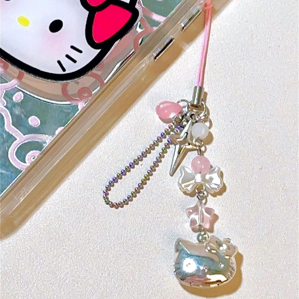 Sweet Hellos Kittys Translucent Bow Love Phone Chain Cute Everything Bag Card Chain Decorative Pendant Delicate Gift for Girls